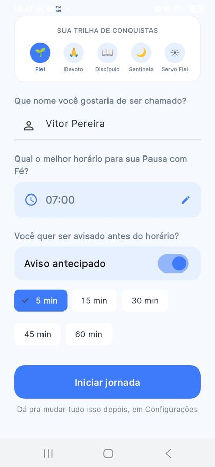 Tela 1 — Escolha o melhor horário para sua Pausa com Fé